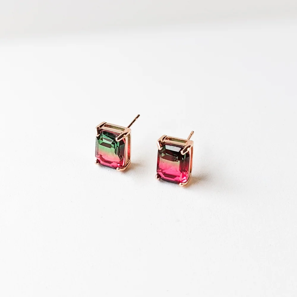 💥3 for $30💥 NWT 18k Rose Gold-Plated Watermelon-Colored Emerald Cut Studs